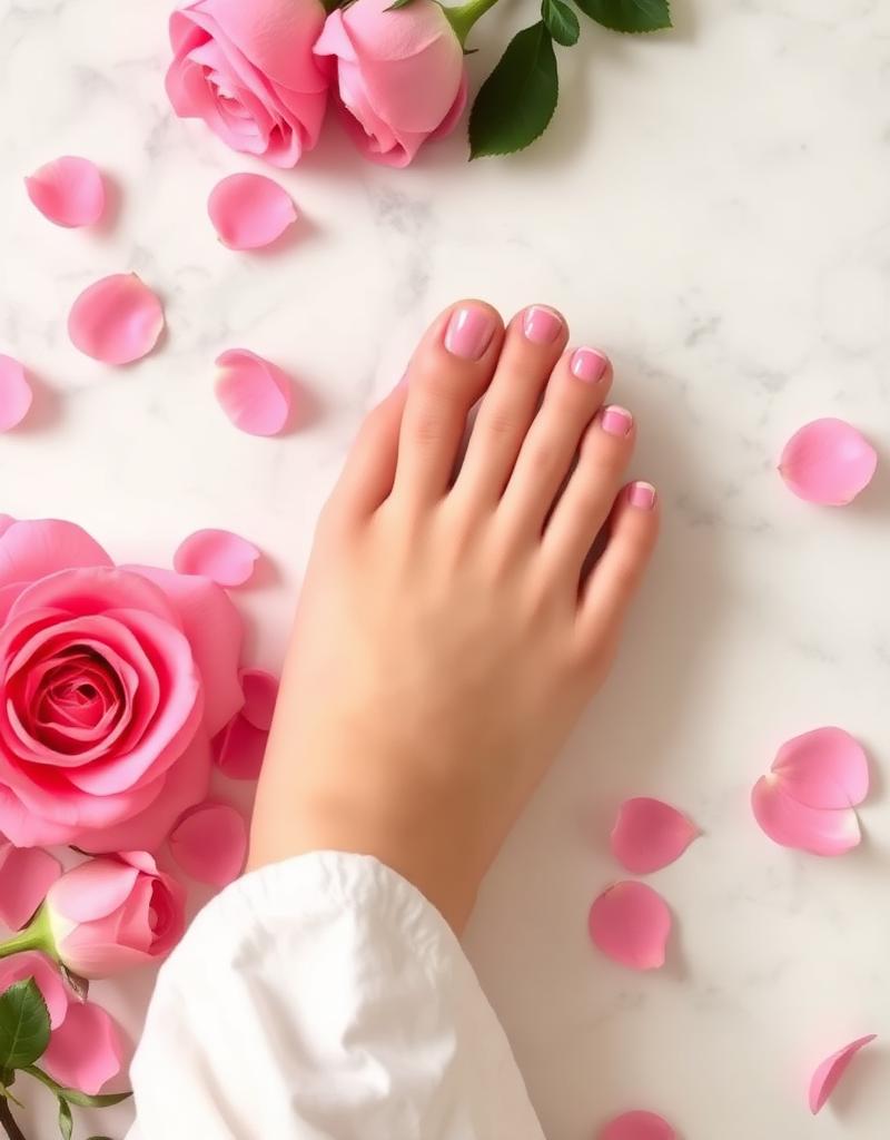 Pink pedicure with rose petals